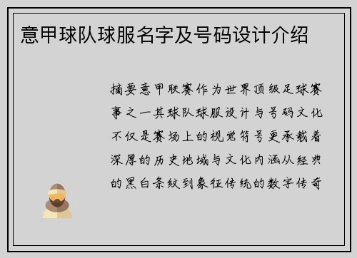 意甲球队球服名字及号码设计介绍